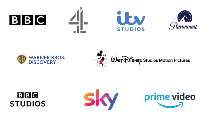 A montage of a selection of the Film and TV Charities Industry Friends' logos. BBC, Channel 4, ITV Studios, Paramount, Warner Bros. Discovery, Walt Disney Studios Motion Pictures, BBC Studios, Sky and Prime Video.